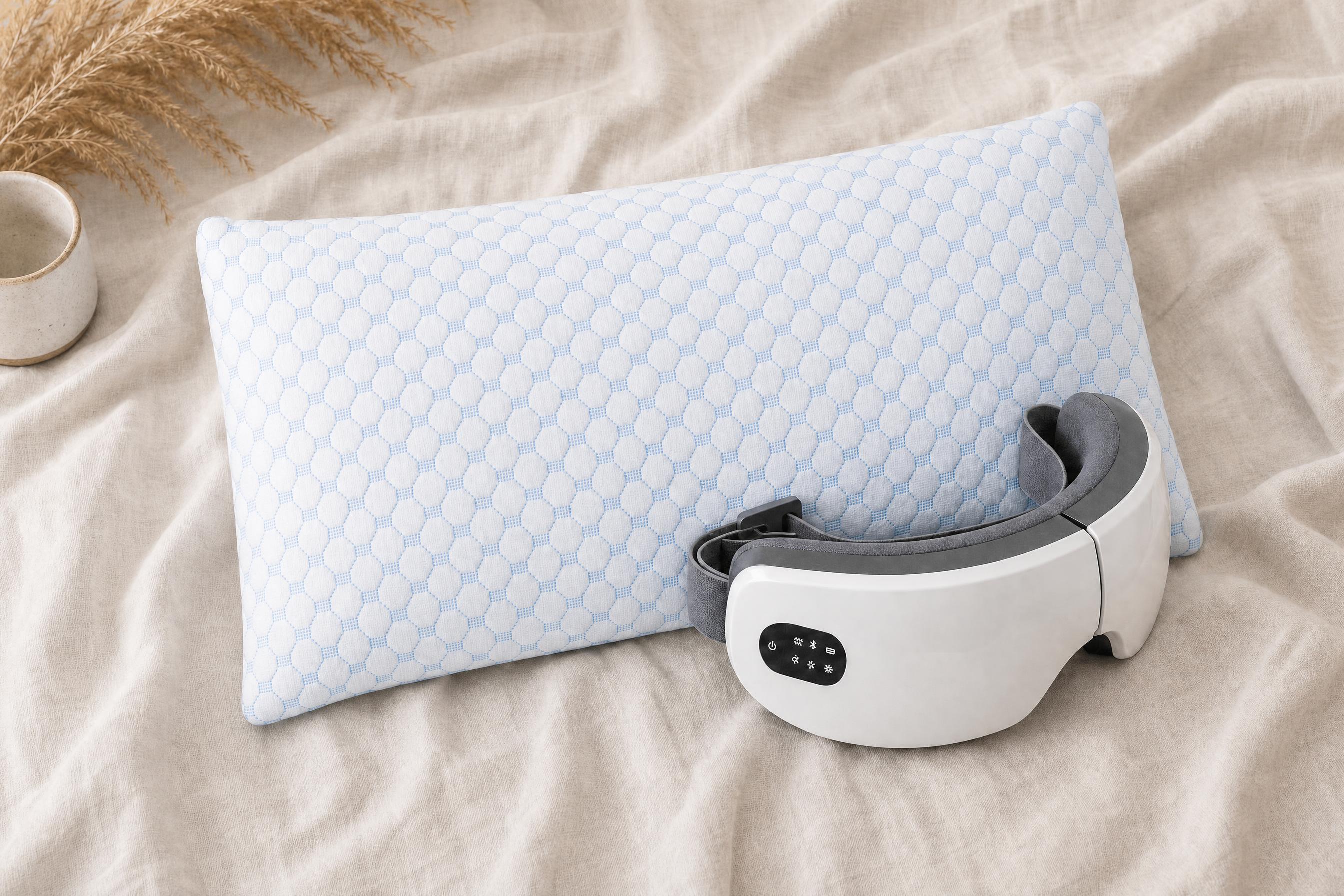 Evorah Cloud pillow and Evorah Rest eye massager together on cream linen bedding