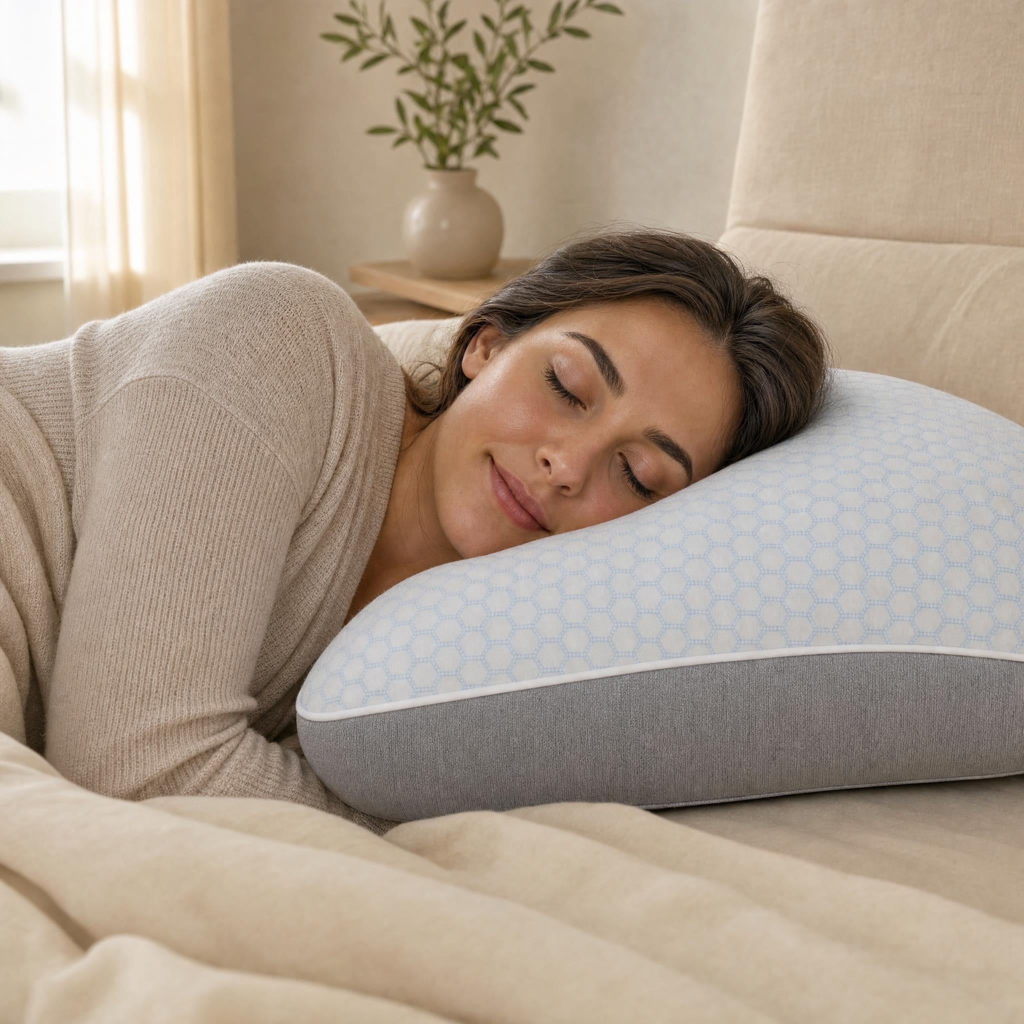 Woman sleeping peacefully on the Evorah Cloud pillow