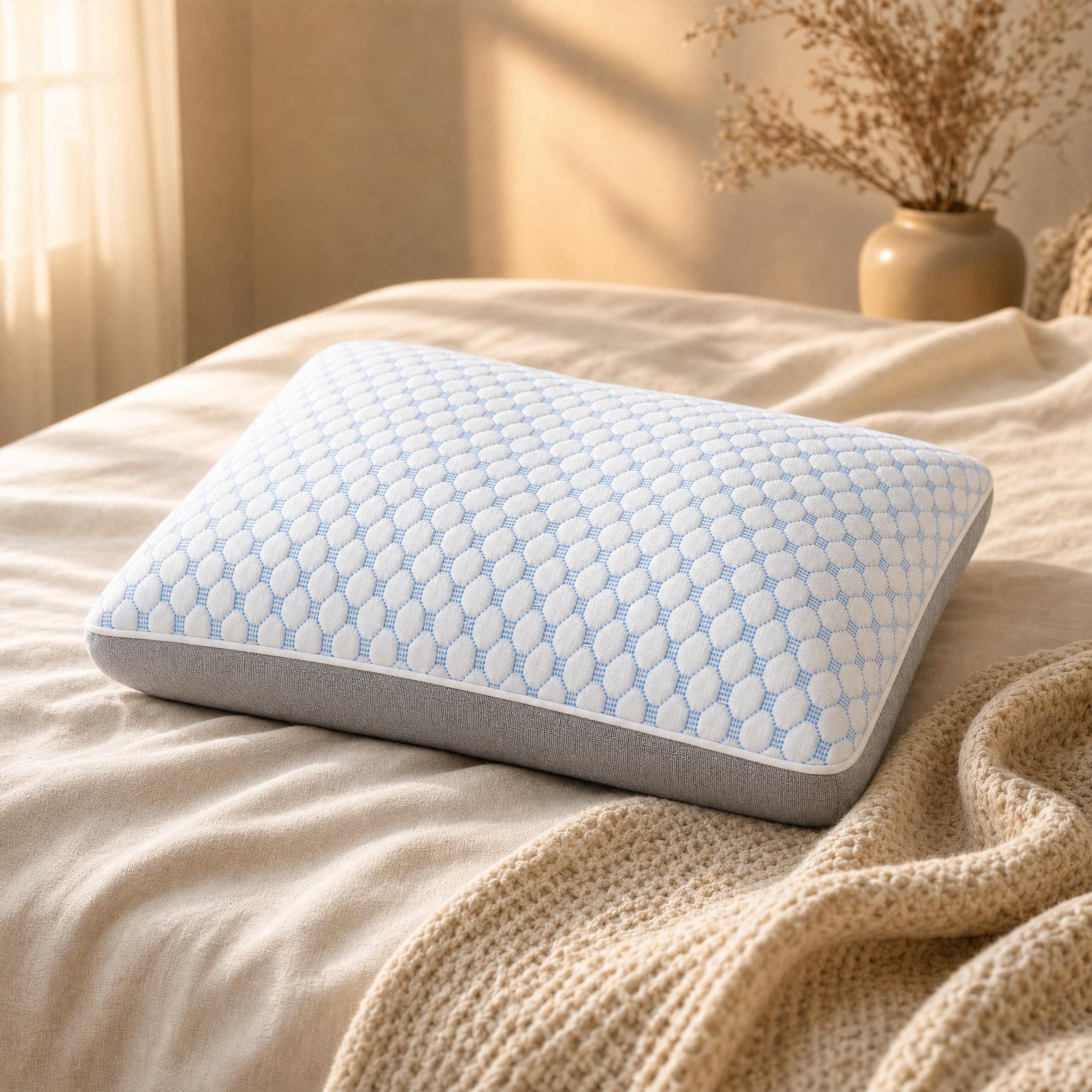 Evorah Cloud cooling memory foam pillow on cream bedding in warm golden light