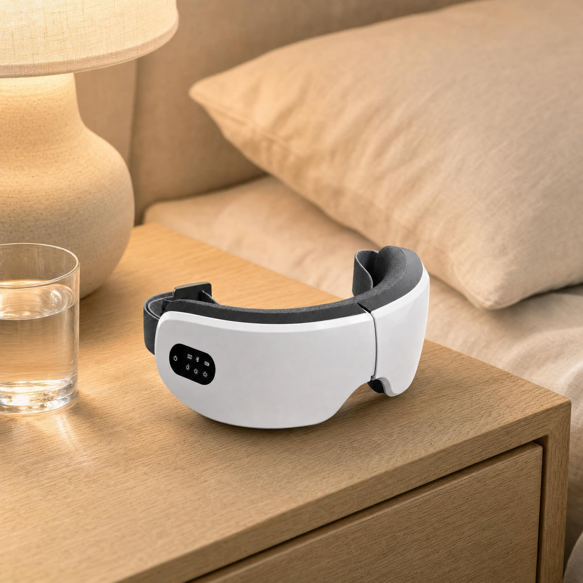 Evorah Rest eye massager on a bedside table next to a lamp and a glass of water