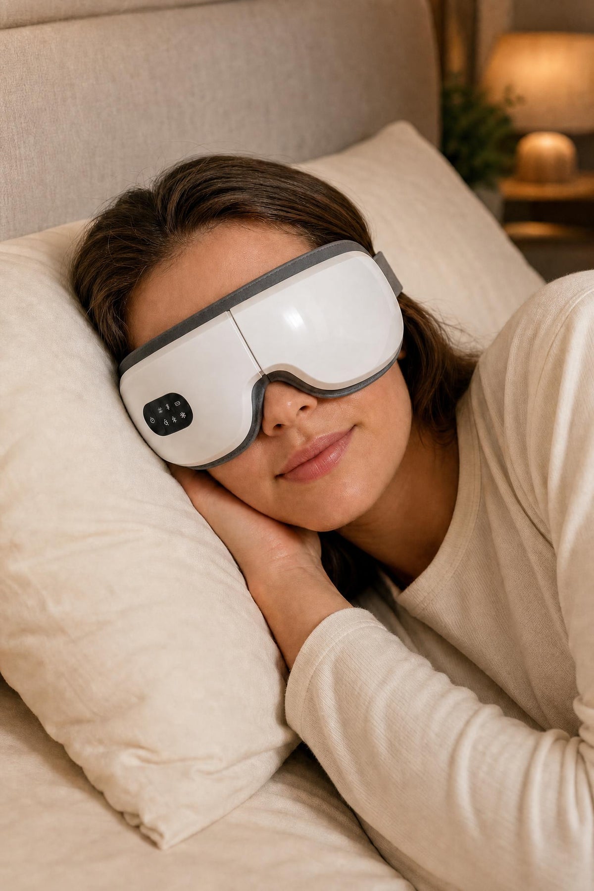 Woman resting with Evorah Rest worn correctly over her eyes